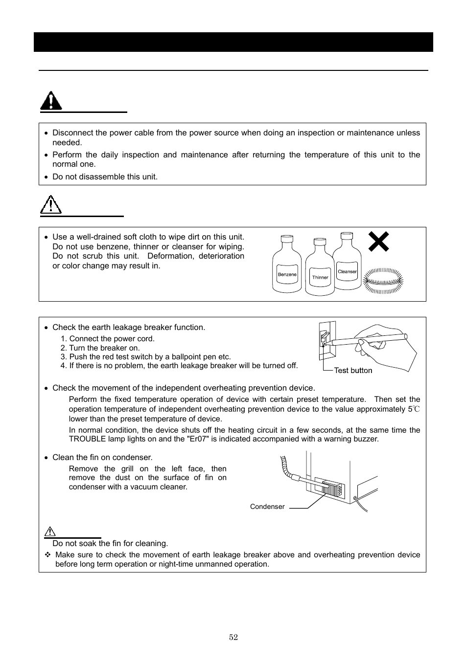 Maintenance method, Warning, Caution | Daily inspection and maintenance | Yamato Scientific IN603W Low Temperature Incubators User Manual | Page 56 / 67