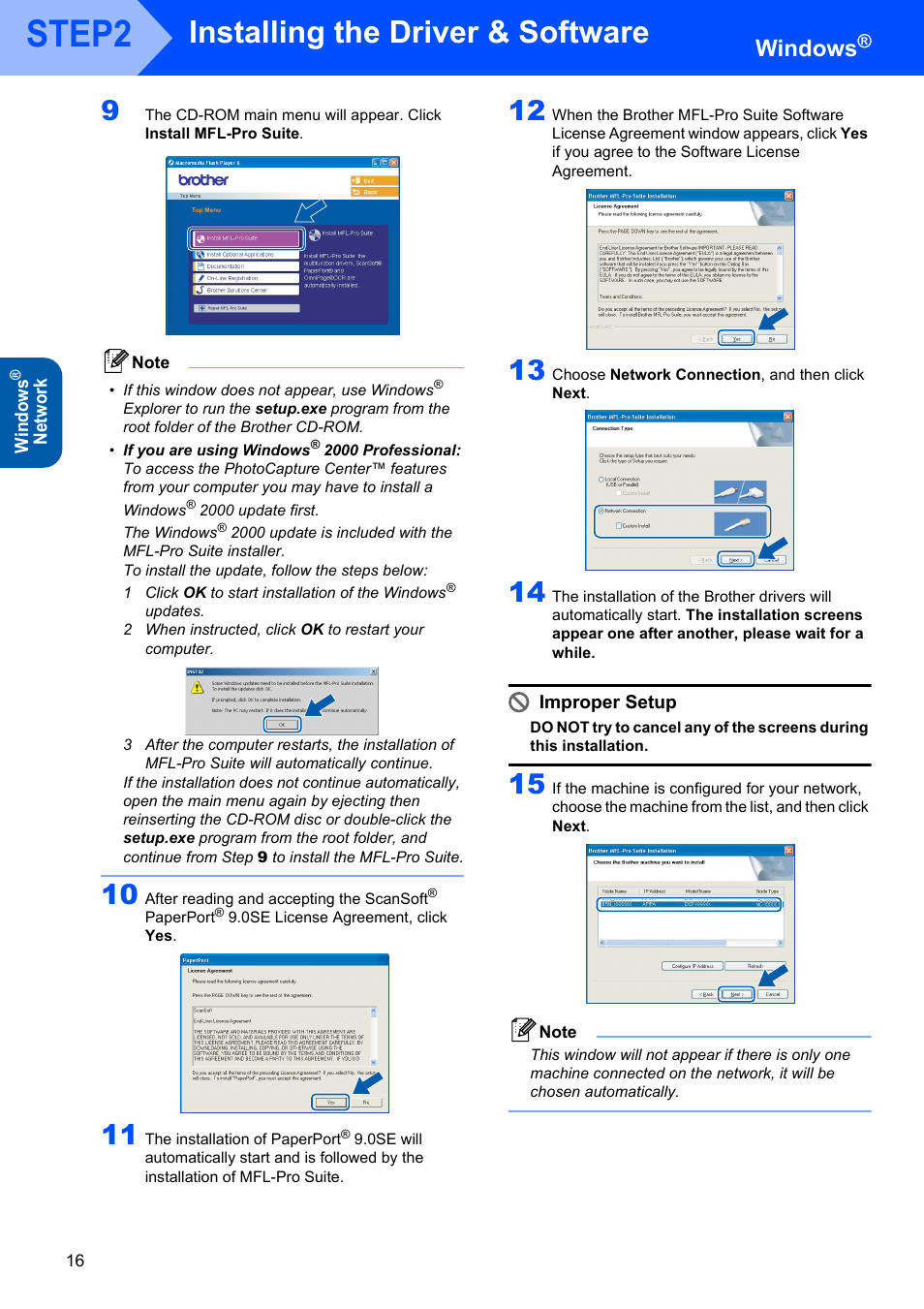 Step2, Installing the driver & software, Windows | Network, Improper setup | Brother DCP-117C User Manual | Page 18 / 33