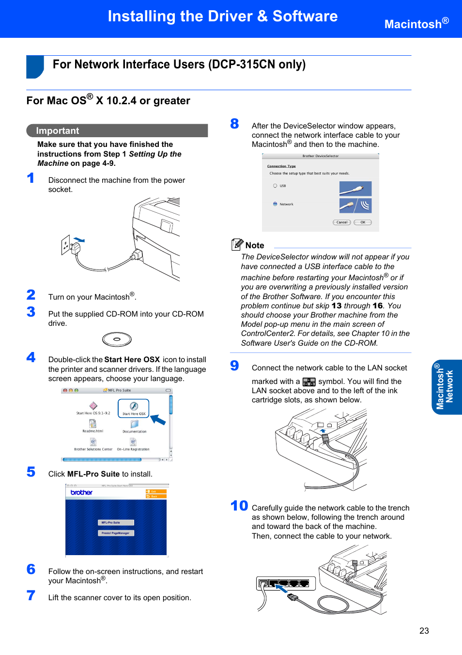 For network interface users (dcp-315cn only), For mac os® x 10.2.4 or greater, For mac os | X 10.2.4 or greater, Installing the driver & software, Macintosh | Brother DCP-117C User Manual | Page 25 / 33