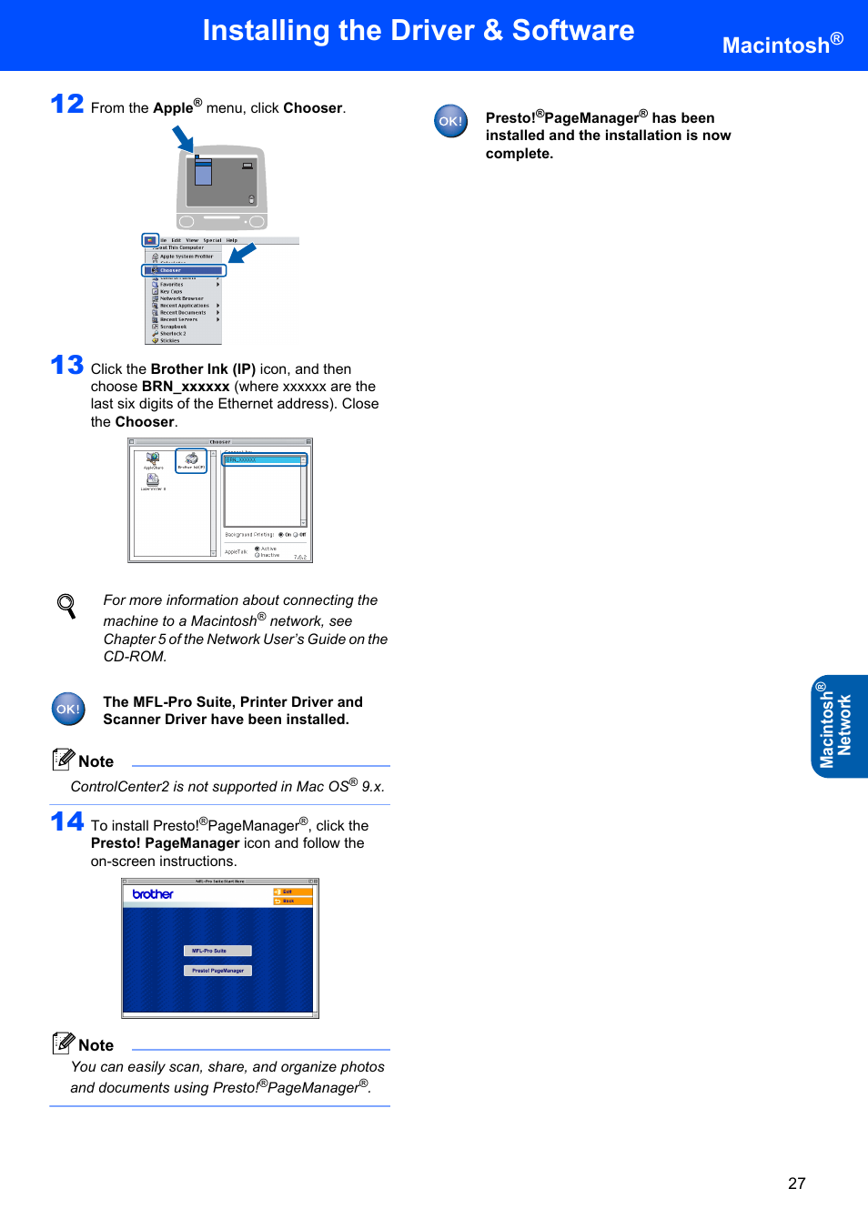 Installing the driver & software, Macintosh, Network | Brother DCP-117C User Manual | Page 29 / 33