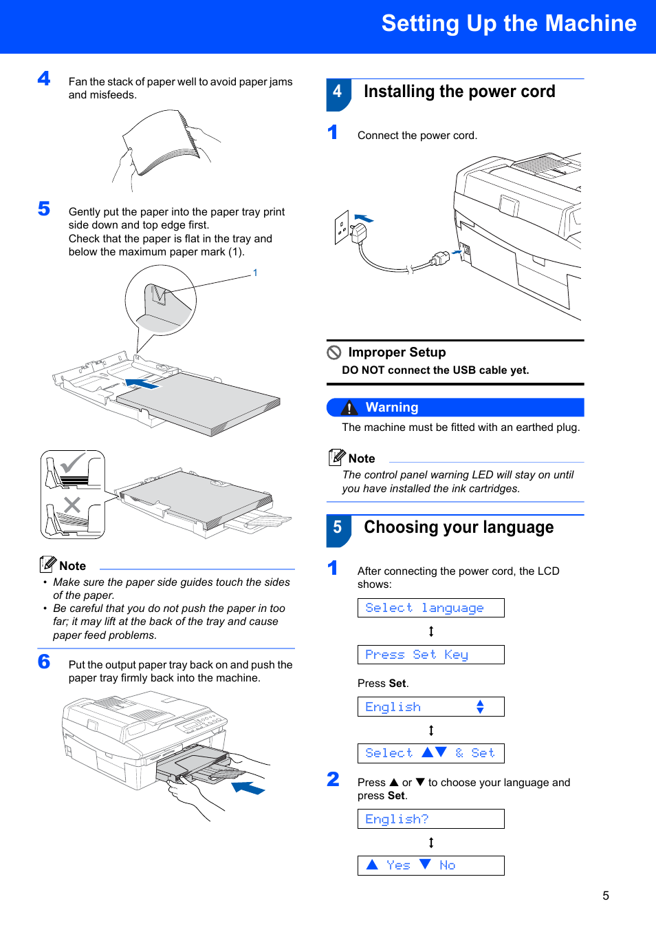 4 installing the power cord, 5 choosing your language, Installing the power cord choosing your language | Setting up the machine, 4installing the power cord, 5choosing your language, Select language, Press set key, English e, Select ab & set | Brother DCP-117C User Manual | Page 7 / 33