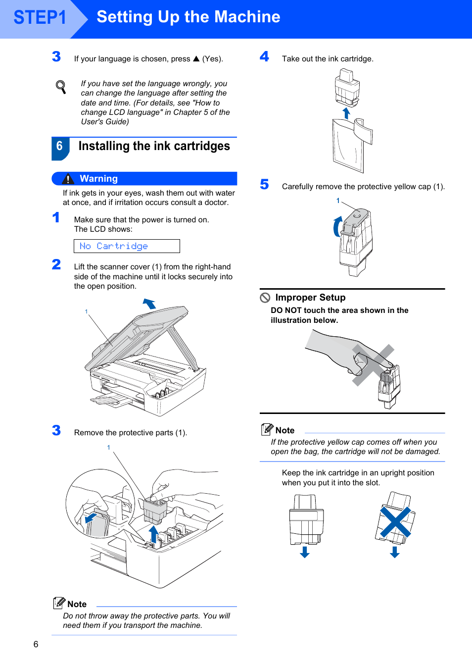 6 installing the ink cartridges, Installing the ink cartridges, Step1 | Setting up the machine, 6installing the ink cartridges, No cartridge | Brother DCP-117C User Manual | Page 8 / 33