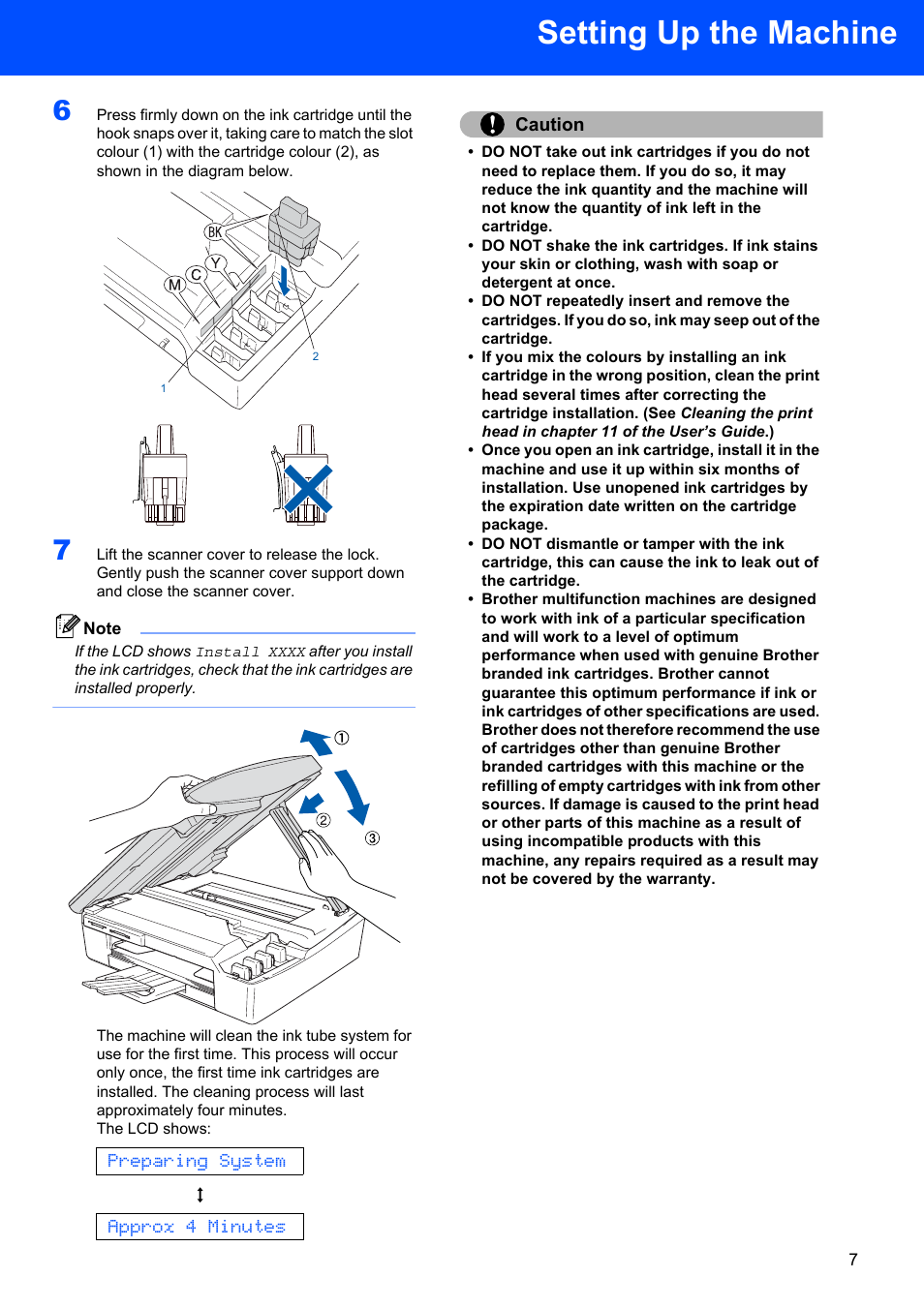 Setting up the machine, Preparing system, Approx 4 minutes | Caution | Brother DCP-117C User Manual | Page 9 / 33