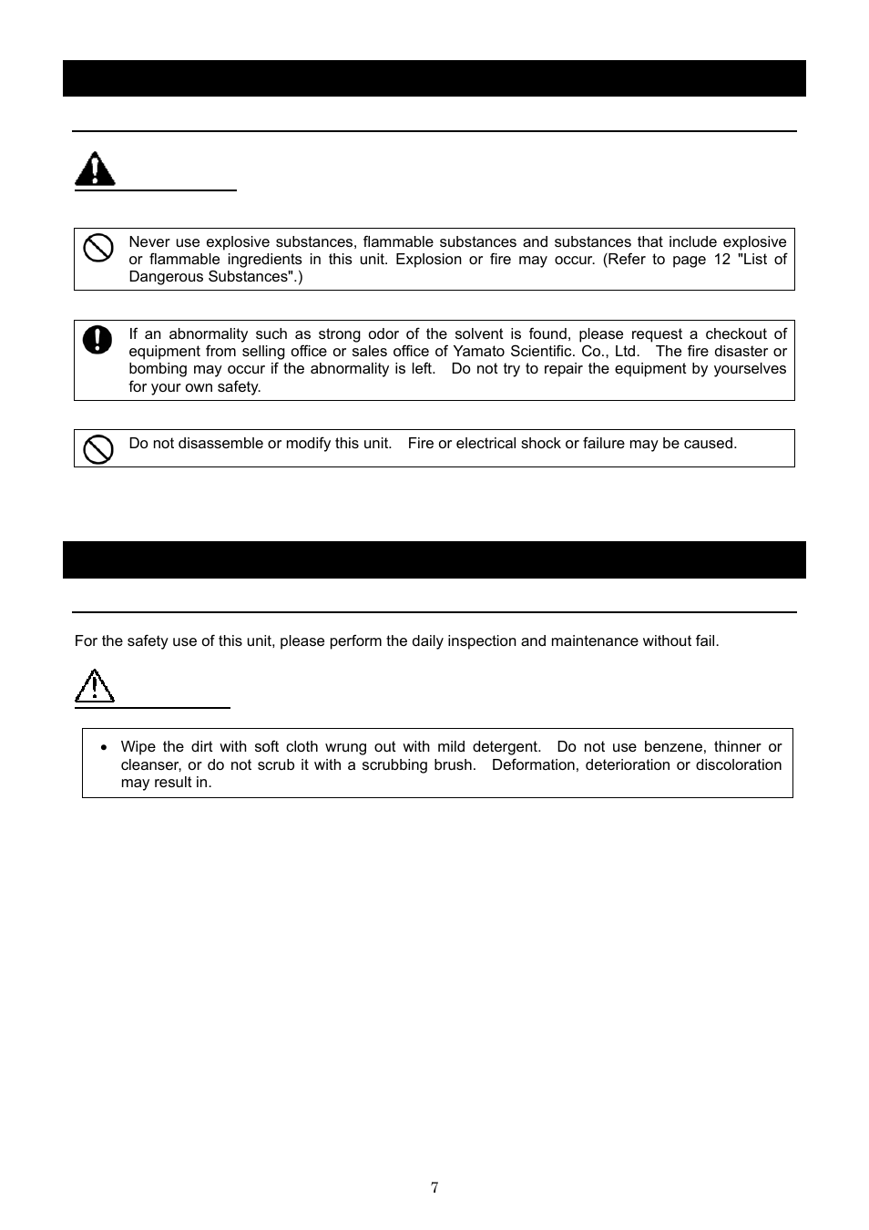 Handling precautions, Warning, Maintenance method | Caution, Daily inspection and maintenance | Yamato Scientific RT200 Solvent recovery unit User Manual | Page 9 / 15