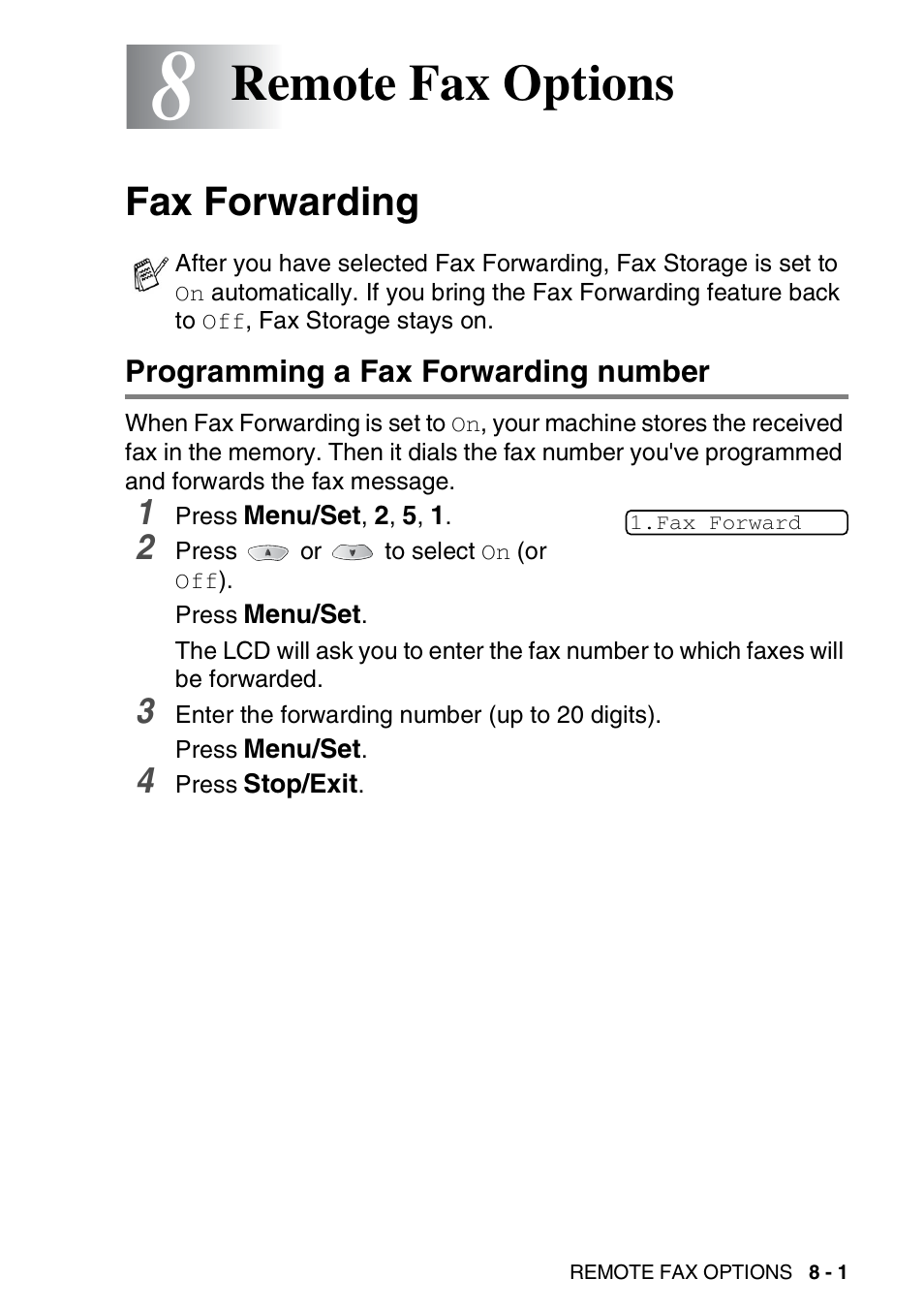 8 remote fax options, Fax forwarding, Programming a fax forwarding number | Remote fax options -1, Fax forwarding -1, Programming a fax forwarding number -1, Remote fax options | Brother FAX-1820C User Manual | Page 101 / 174