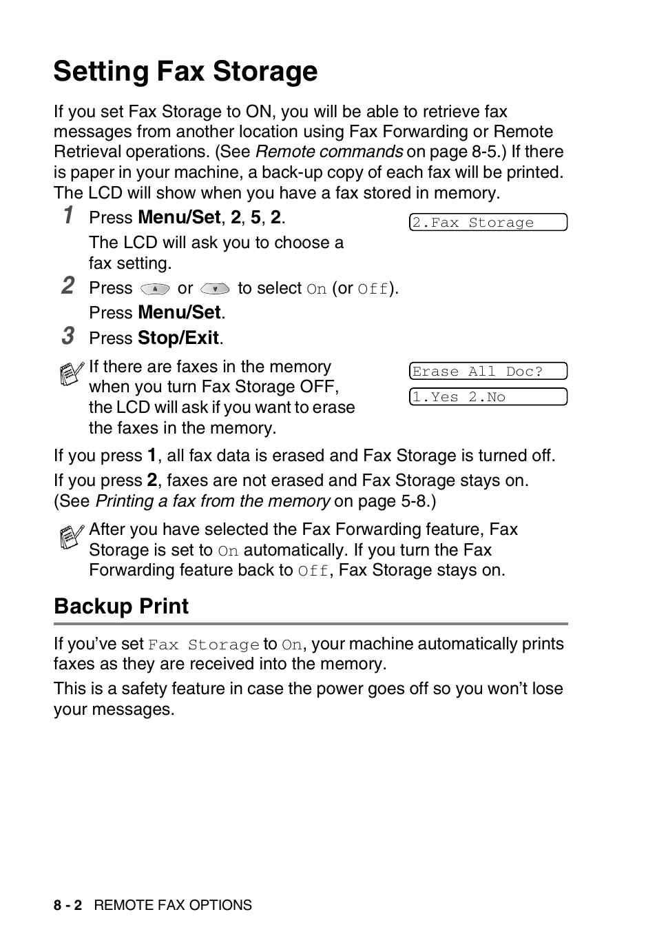 Setting fax storage, Backup print, Setting fax storage -2 | Backup print -2 | Brother FAX-1820C User Manual | Page 102 / 174