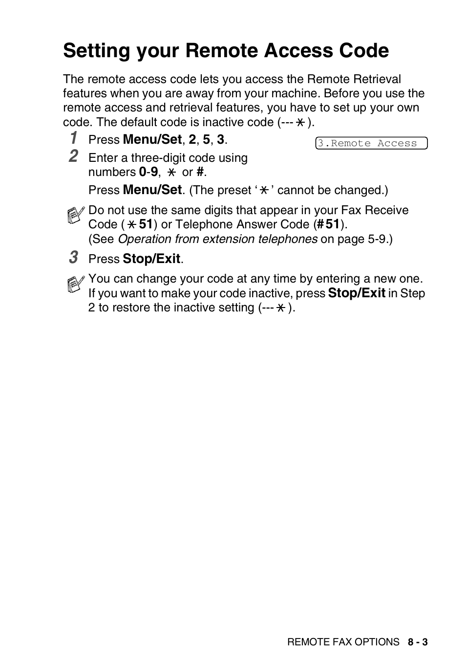 Setting your remote access code, Setting your remote access code -3 | Brother FAX-1820C User Manual | Page 103 / 174