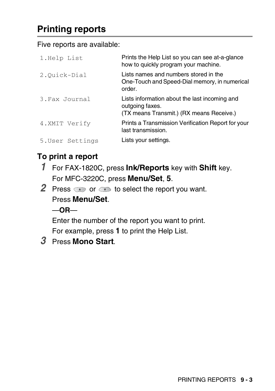 Printing reports, To print a report, Printing reports -3 | To print a report -3 | Brother FAX-1820C User Manual | Page 109 / 174