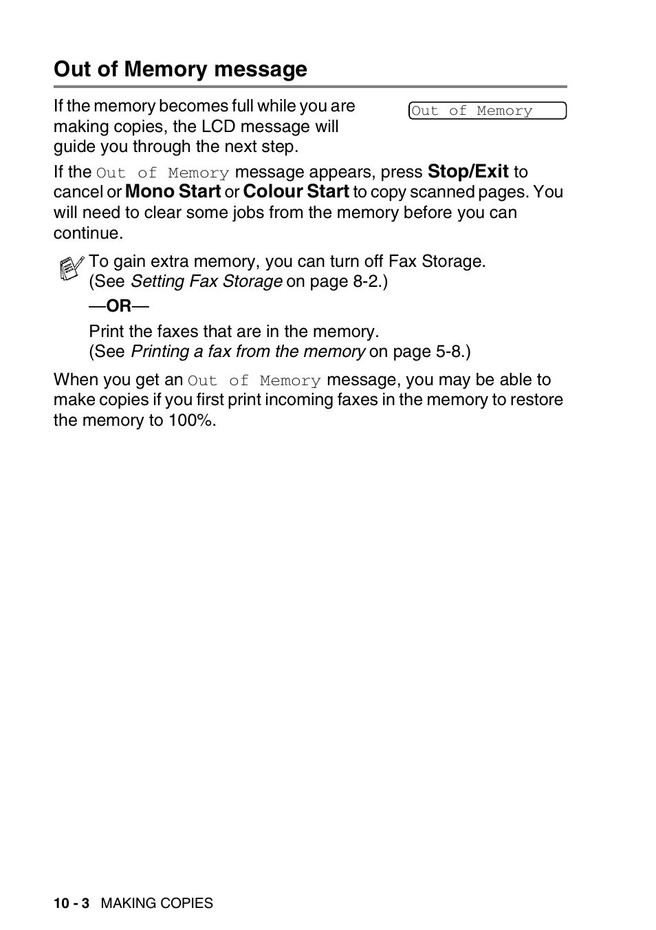 Out of memory message, Out of memory message -3 | Brother FAX-1820C User Manual | Page 112 / 174