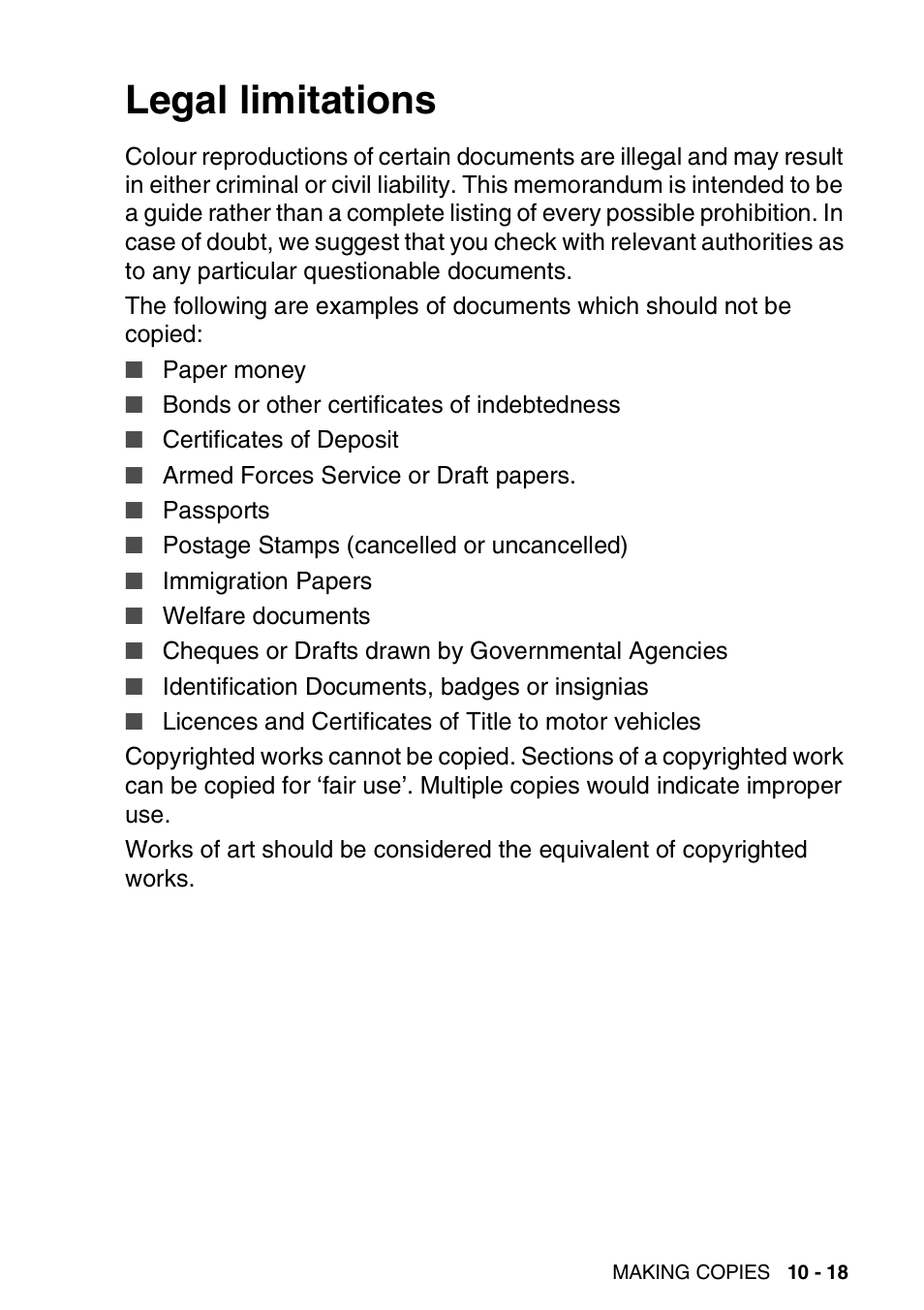 Legal limitations, Legal limitations -18 | Brother FAX-1820C User Manual | Page 127 / 174