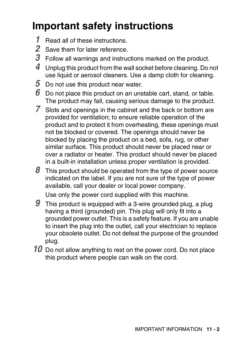 Important safety instructions, Important safety instructions -2 | Brother FAX-1820C User Manual | Page 129 / 174