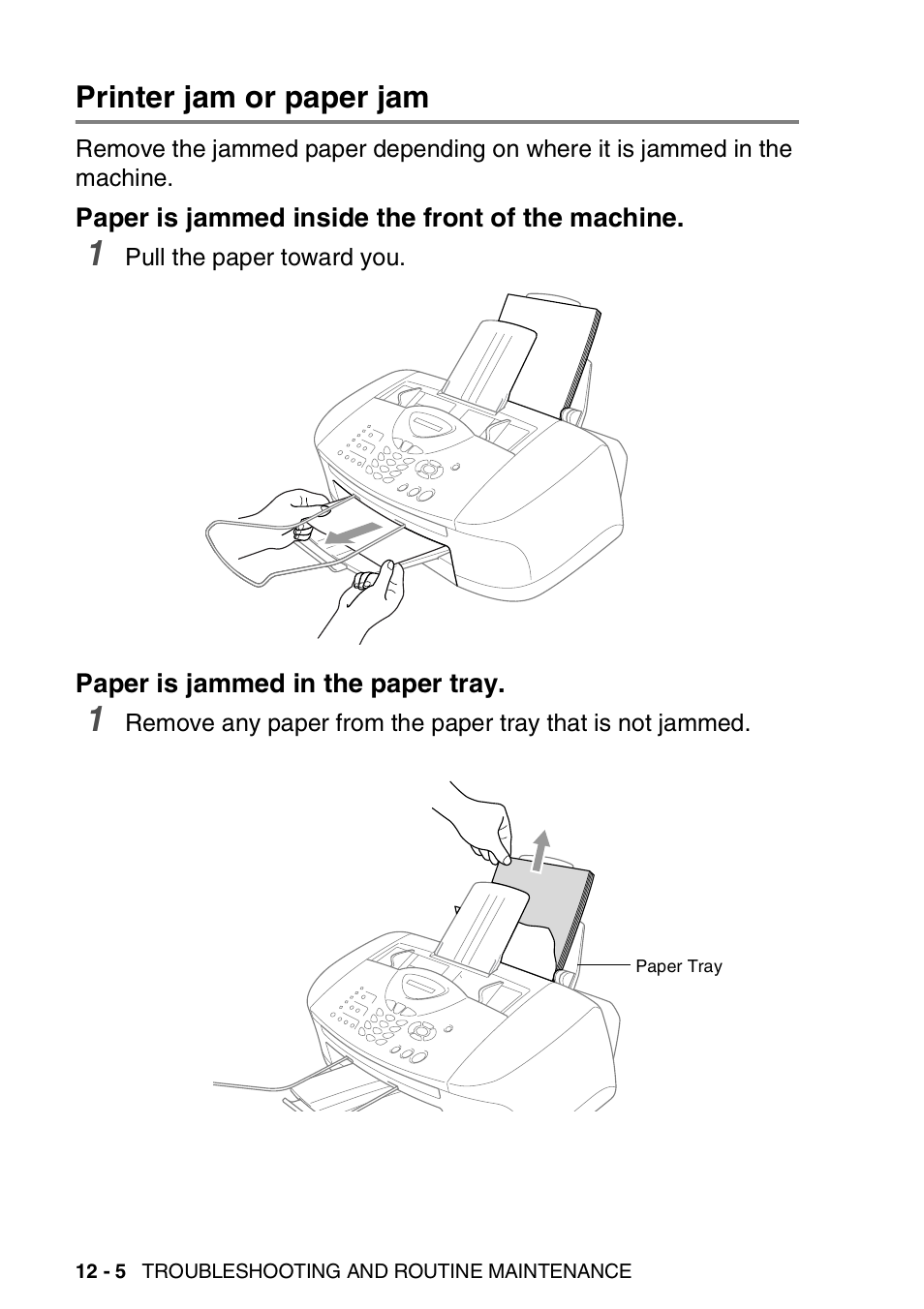 Printer jam or paper jam, Paper is jammed inside the front of the machine, Paper is jammed in the paper tray | Printer jam or paper jam -5 | Brother FAX-1820C User Manual | Page 136 / 174