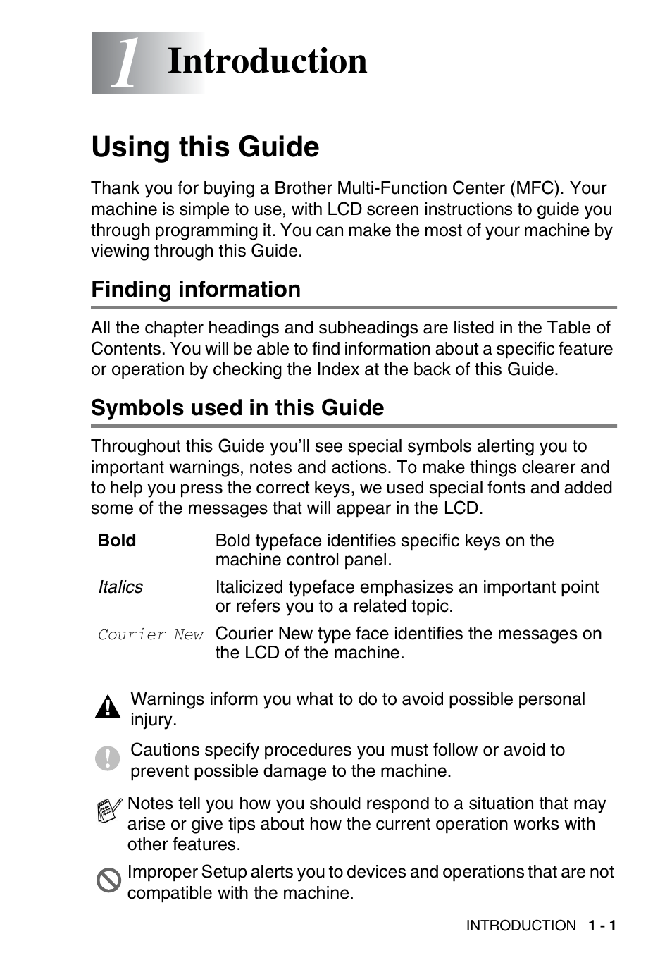 1 introduction, Using this guide, Finding information | Symbols used in this guide, Introduction -1, Using this guide -1, Introduction | Brother FAX-1820C User Manual | Page 15 / 174