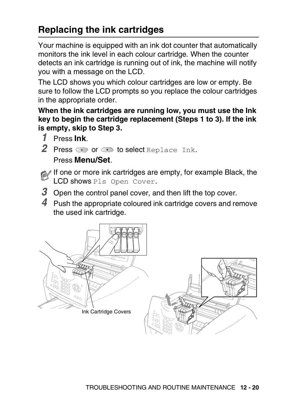 Replacing the ink cartridges, Replacing the ink cartridges -20 | Brother FAX-1820C User Manual | Page 151 / 174