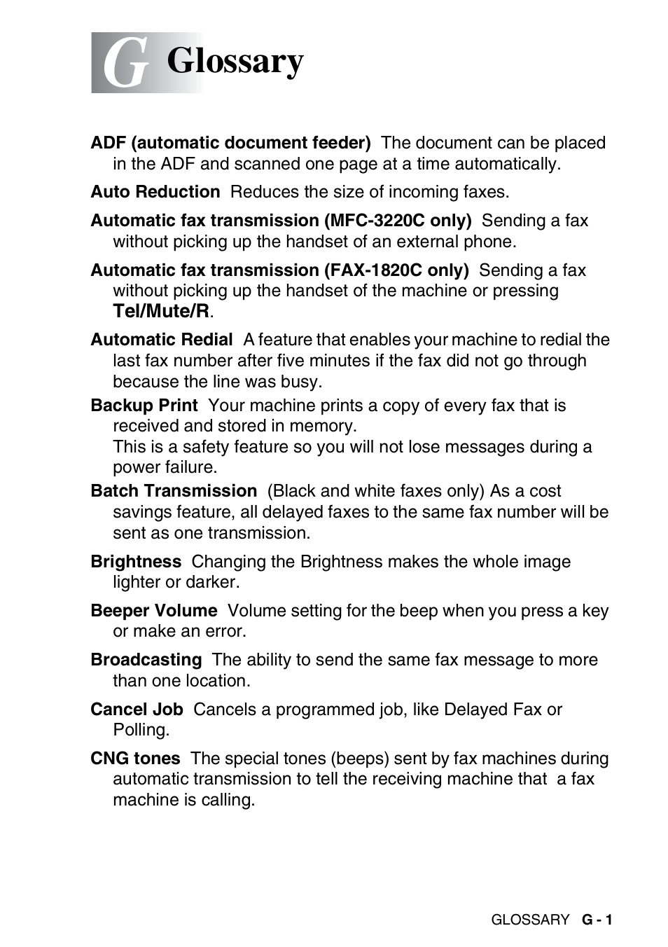 Glossary | Brother FAX-1820C User Manual | Page 155 / 174