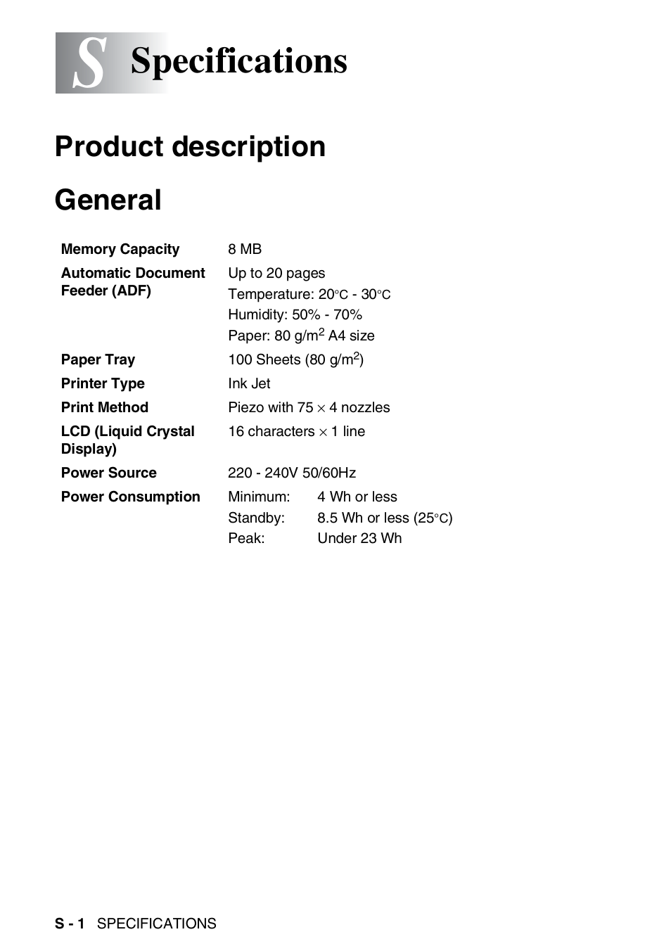 Specifications, Product description, General | Product description general | Brother FAX-1820C User Manual | Page 160 / 174