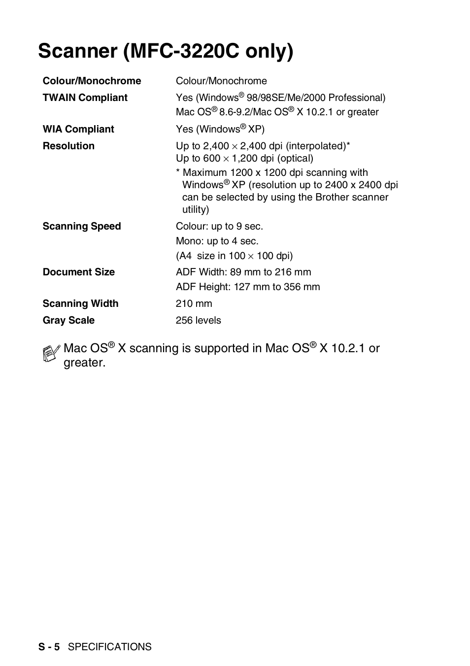 Scanner (mfc-3220c only), Mac os, X scanning is supported in mac os | X 10.2.1 or greater | Brother FAX-1820C User Manual | Page 164 / 174