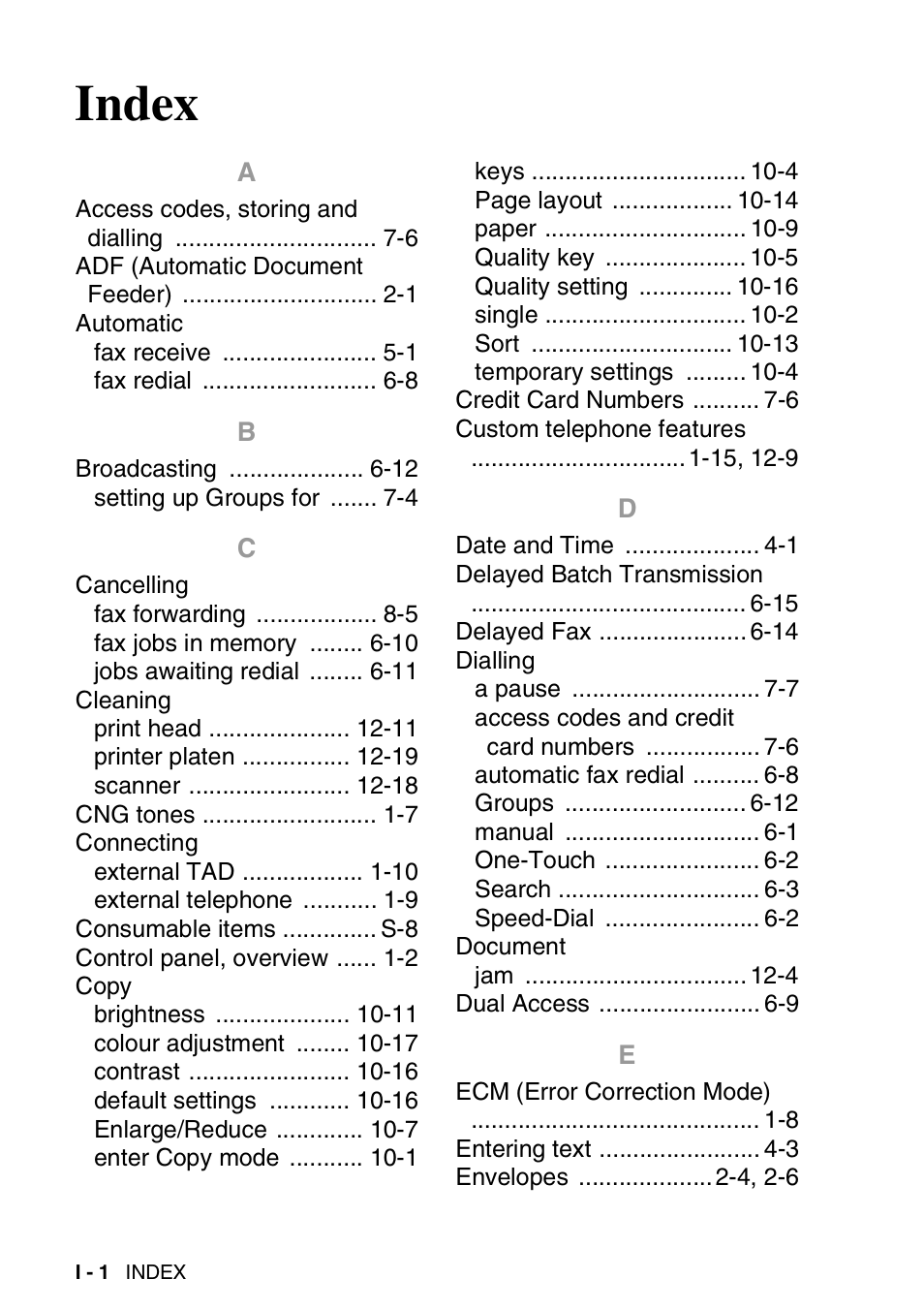 Index | Brother FAX-1820C User Manual | Page 168 / 174