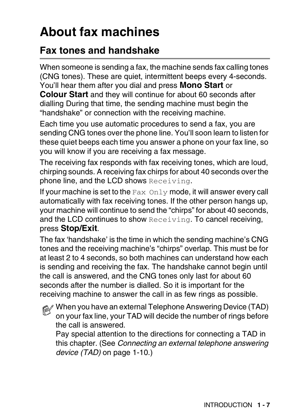 About fax machines, Fax tones and handshake, About fax machines -7 | Fax tones and handshake -7 | Brother FAX-1820C User Manual | Page 21 / 174