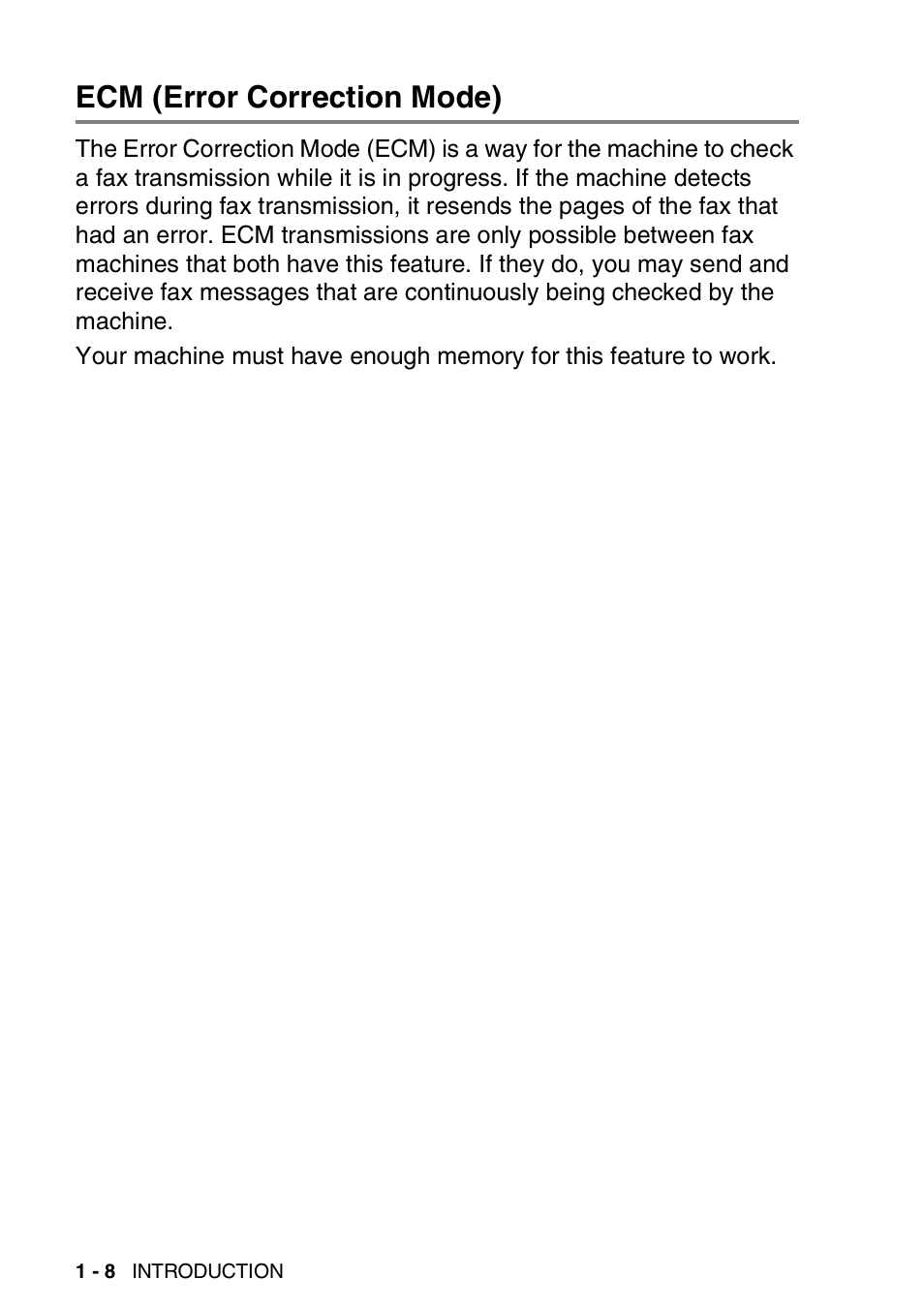 Ecm (error correction mode), Ecm (error correction mode) -8 | Brother FAX-1820C User Manual | Page 22 / 174