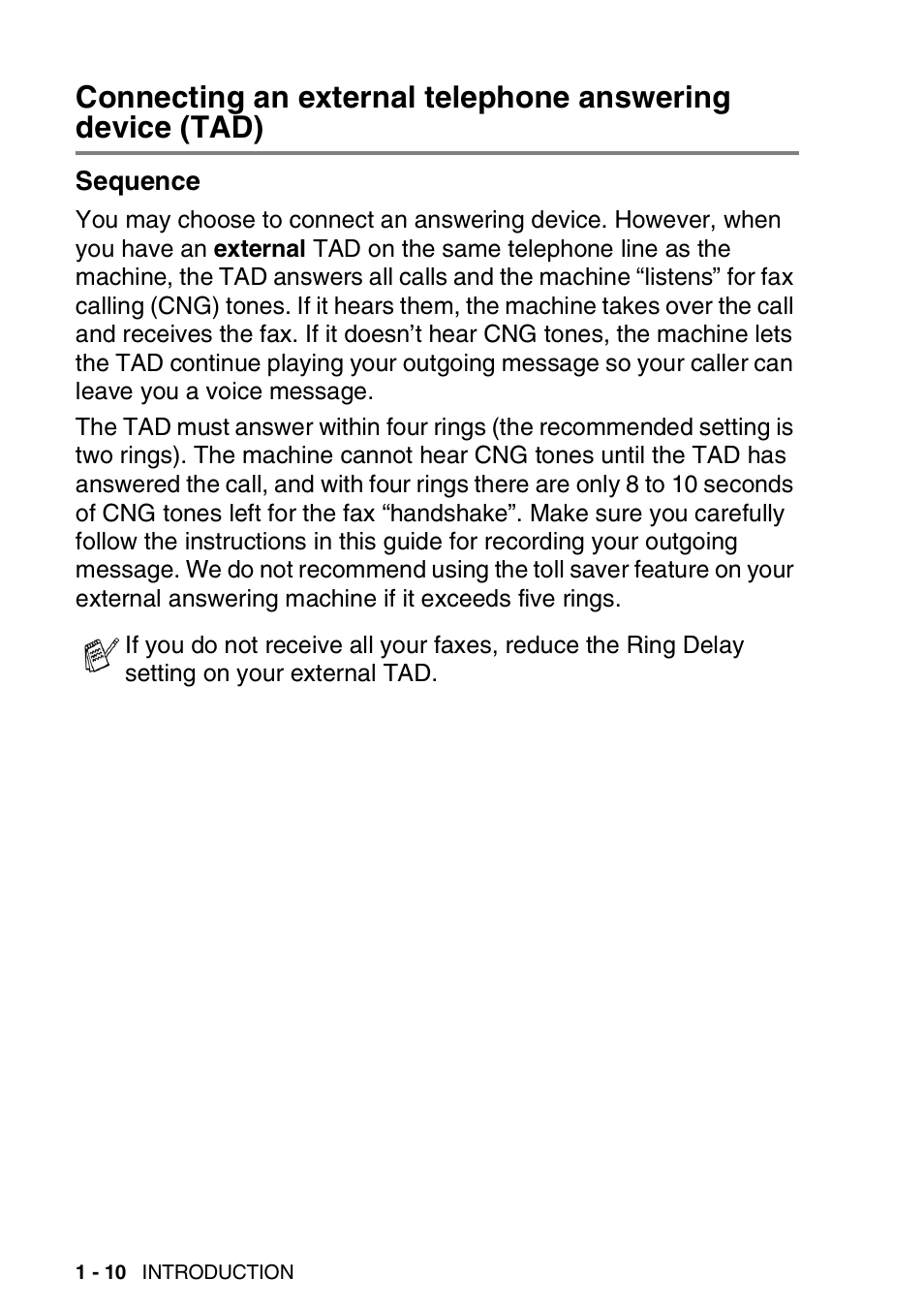 Sequence, Connecting an external telephone answering, Device (tad) -10 sequence -10 | Brother FAX-1820C User Manual | Page 24 / 174