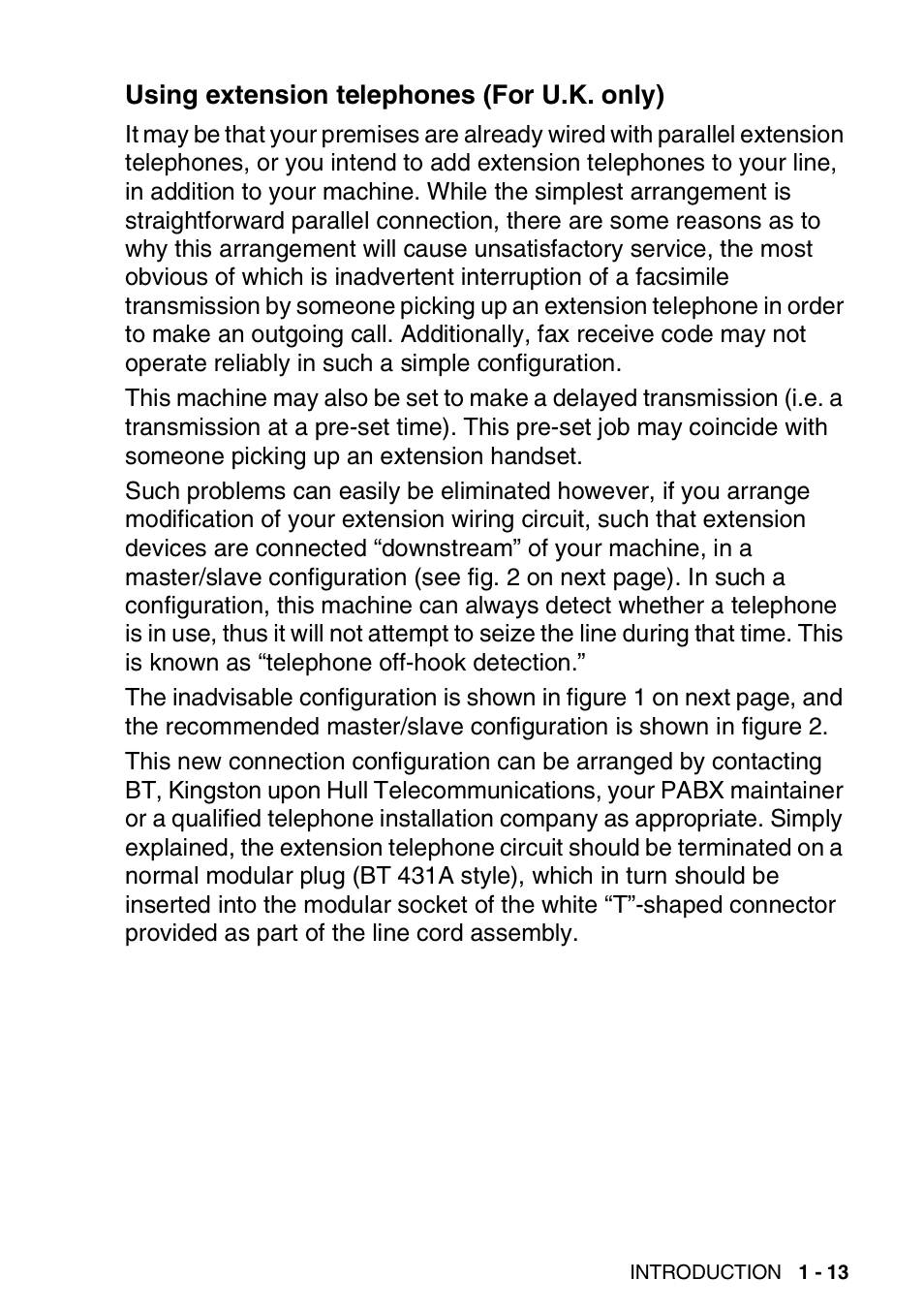 Using extension telephones (for u.k. only), Using extension telephones (for u.k. only) -13 | Brother FAX-1820C User Manual | Page 27 / 174