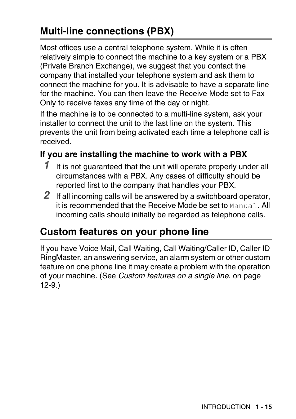 Multi-line connections (pbx), Custom features on your phone line, Multi-line connections (pbx) -15 | If you are installing the machine to work, With a pbx -15, Custom features on your phone line -15 | Brother FAX-1820C User Manual | Page 29 / 174