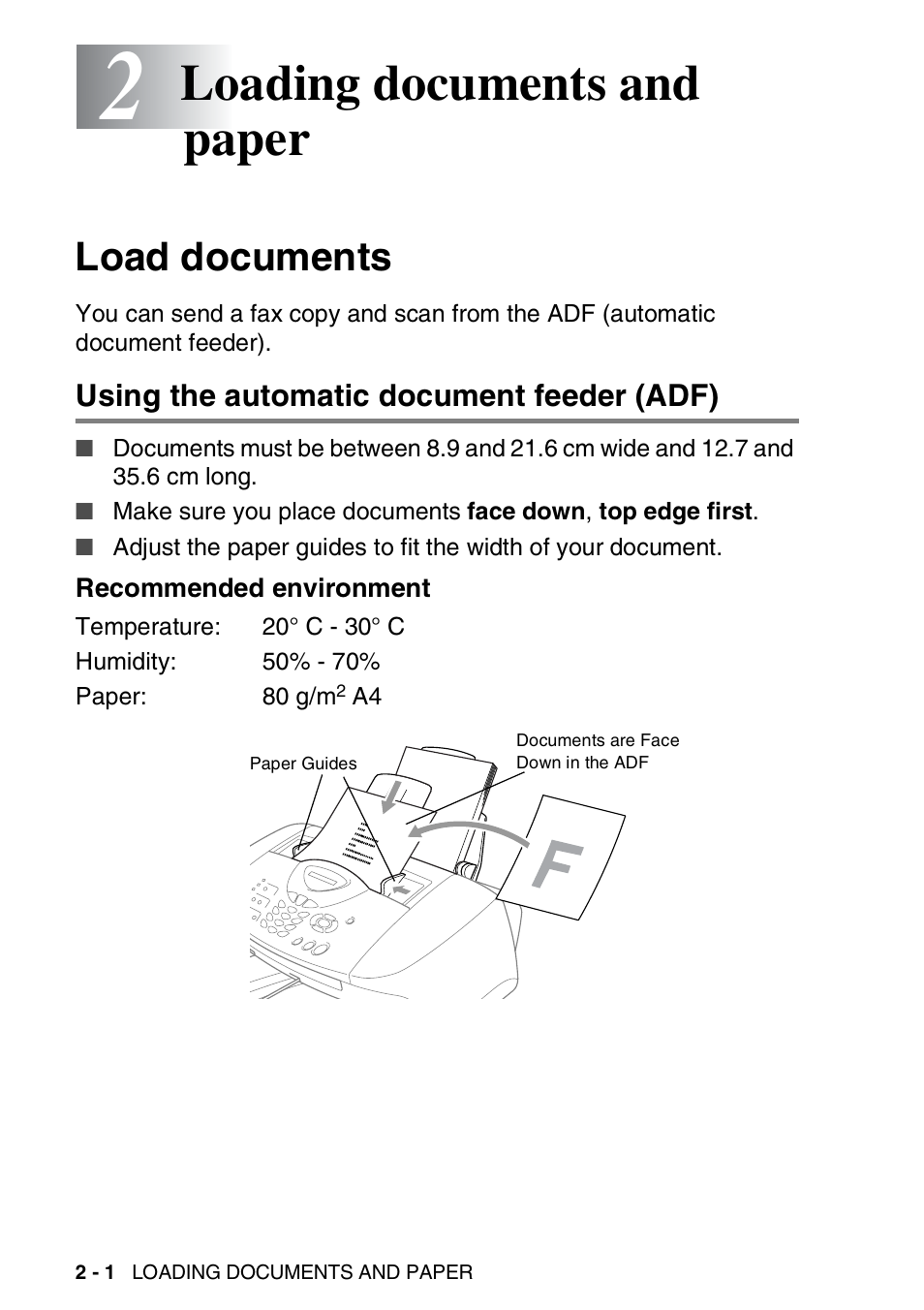 2 loading documents and paper, Load documents, Using the automatic document feeder (adf) | Recommended environment, Loading documents and paper -1, Load documents -1, Using the automatic document feeder (adf) -1, Recommended environment -1, Loading documents and paper | Brother FAX-1820C User Manual | Page 30 / 174