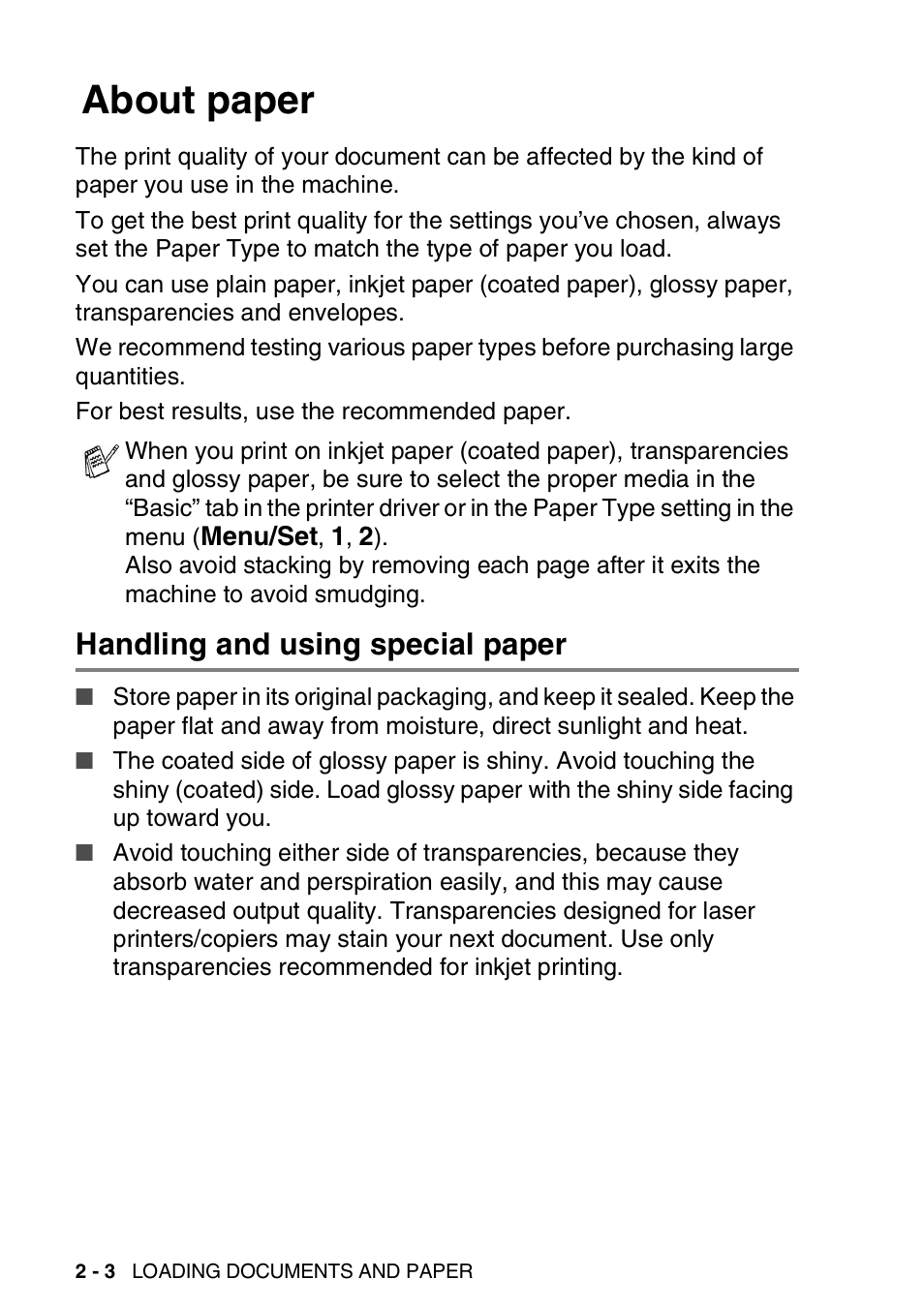 About paper, Handling and using special paper, About paper -3 | Handling and using special paper -3 | Brother FAX-1820C User Manual | Page 32 / 174