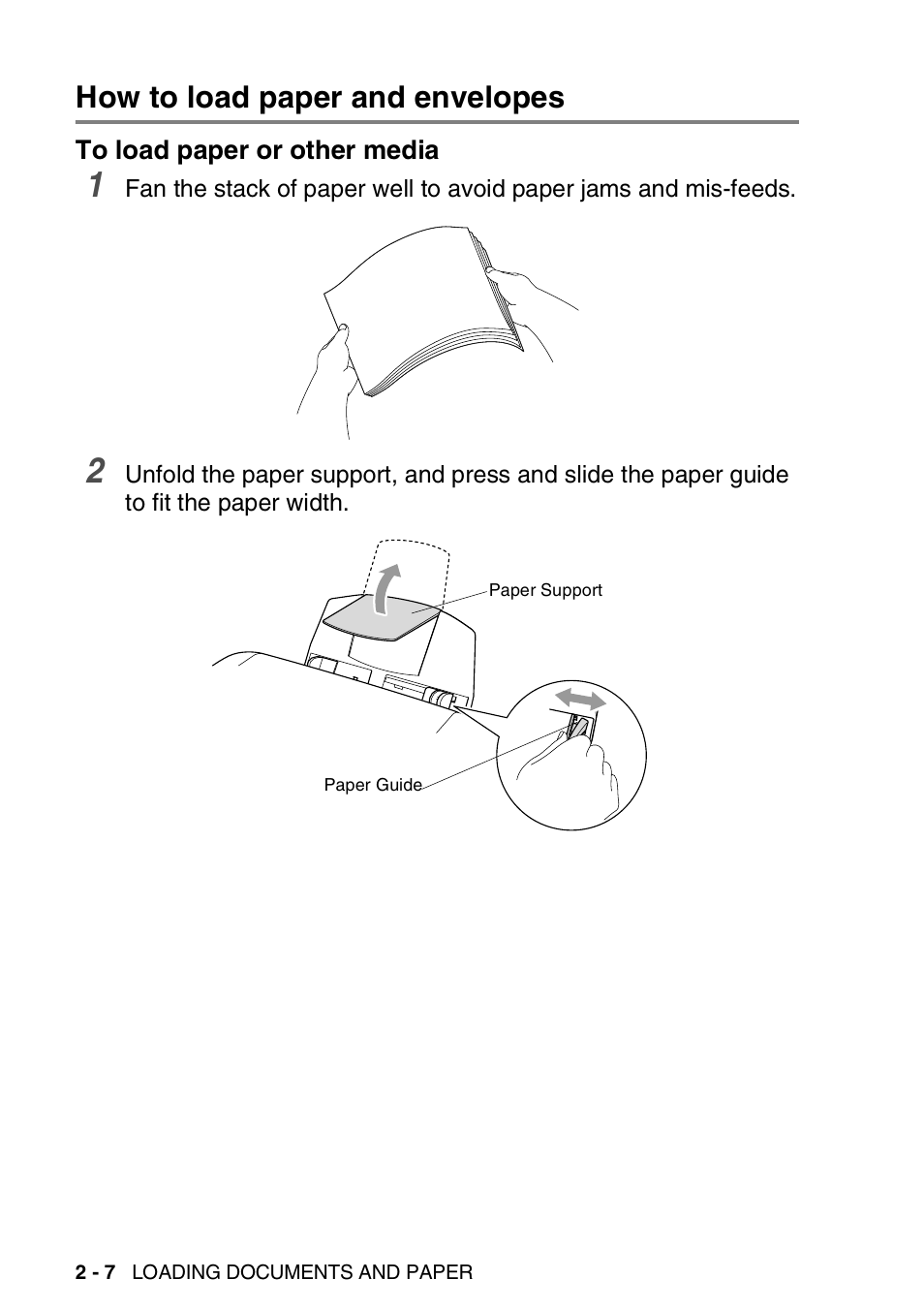 How to load paper and envelopes, To load paper or other media, How to load paper and envelopes -7 | To load paper or other media -7 | Brother FAX-1820C User Manual | Page 36 / 174