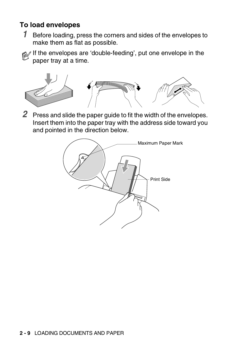 To load envelopes, To load envelopes -9 | Brother FAX-1820C User Manual | Page 38 / 174