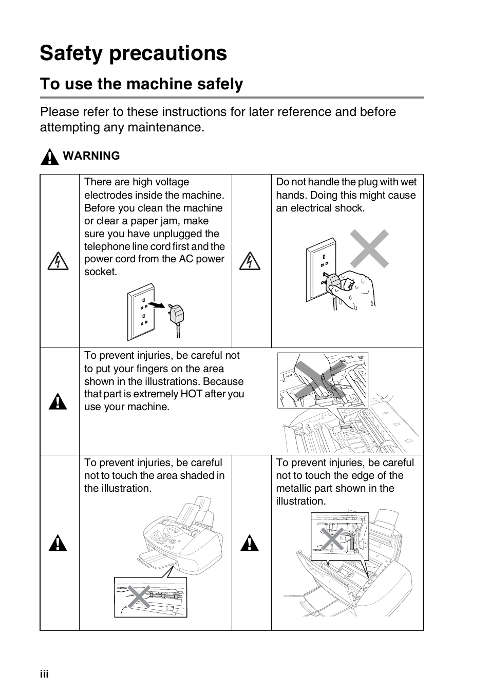 Safety precautions, To use the machine safely | Brother FAX-1820C User Manual | Page 4 / 174