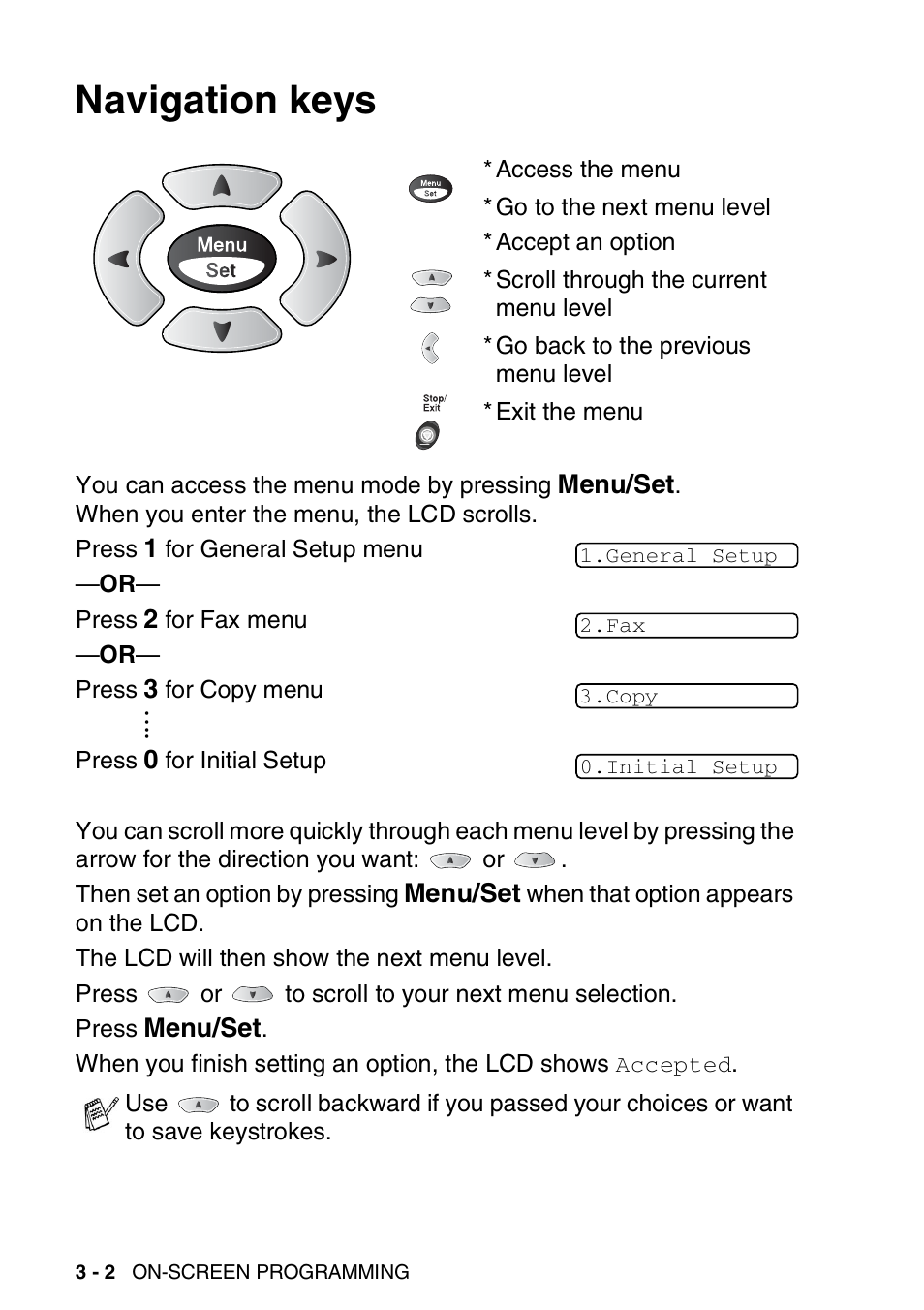 Navigation keys, Navigation keys -2 | Brother FAX-1820C User Manual | Page 40 / 174