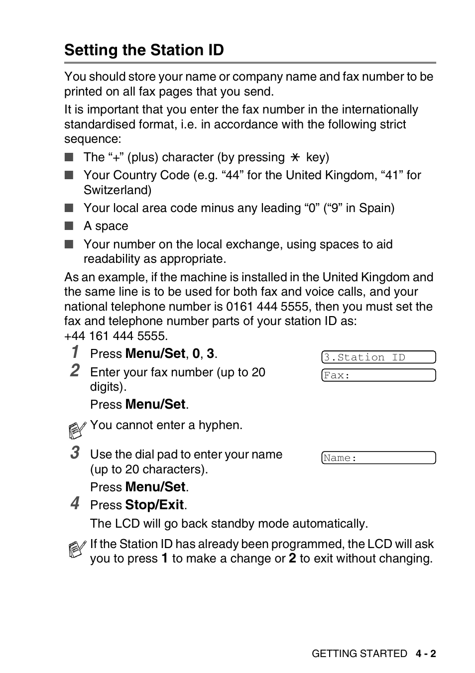 Setting the station id, Setting the station id -2 | Brother FAX-1820C User Manual | Page 49 / 174