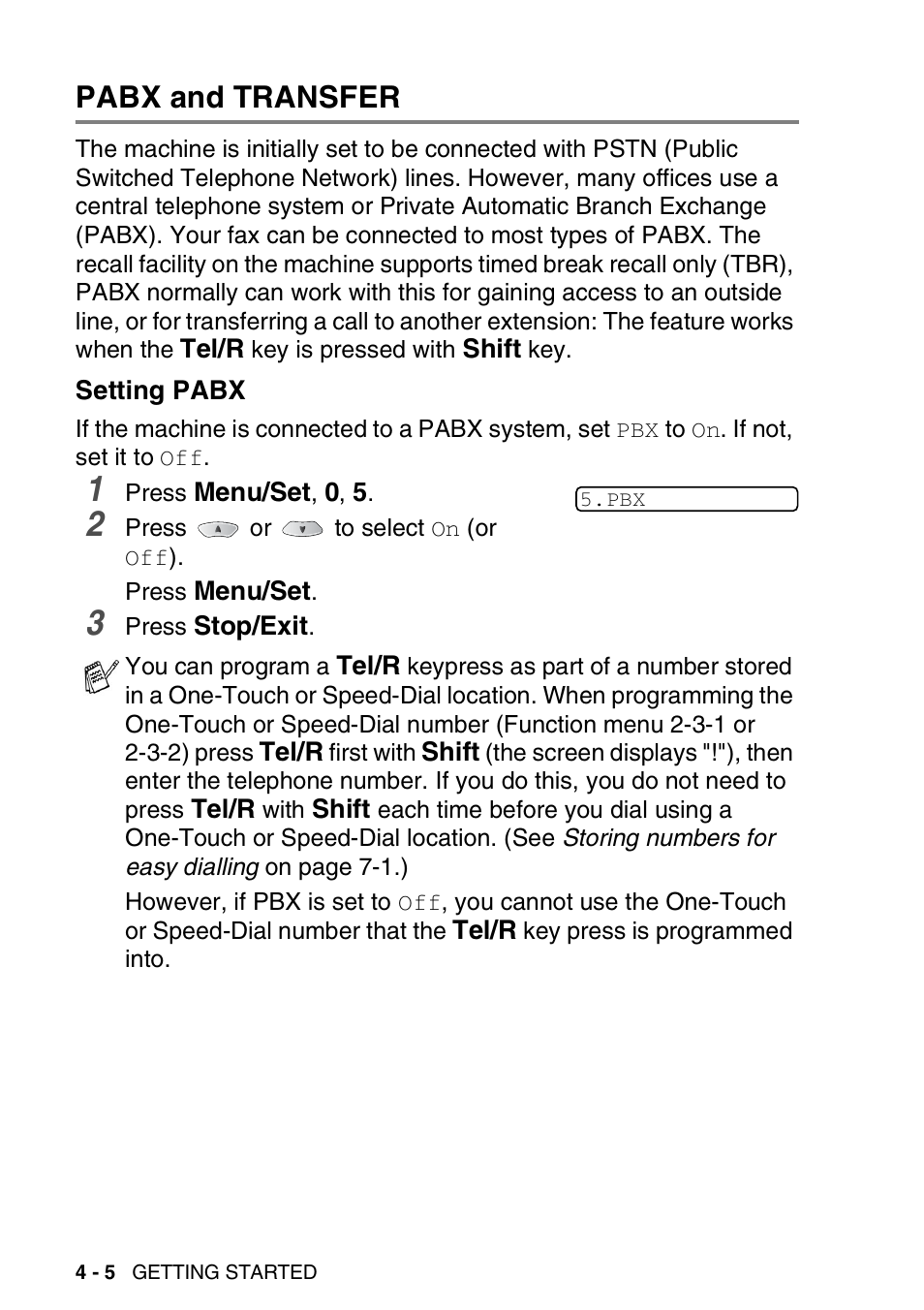 Pabx and transfer, Setting pabx, Pabx and transfer -5 | Setting pabx -5 | Brother FAX-1820C User Manual | Page 52 / 174