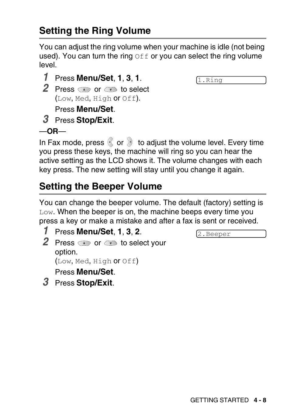 Setting the ring volume, Setting the beeper volume | Brother FAX-1820C User Manual | Page 55 / 174