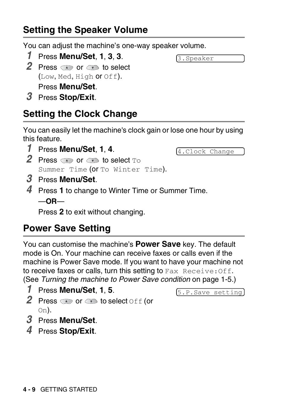 Setting the speaker volume, Setting the clock change, Power save setting | Brother FAX-1820C User Manual | Page 56 / 174