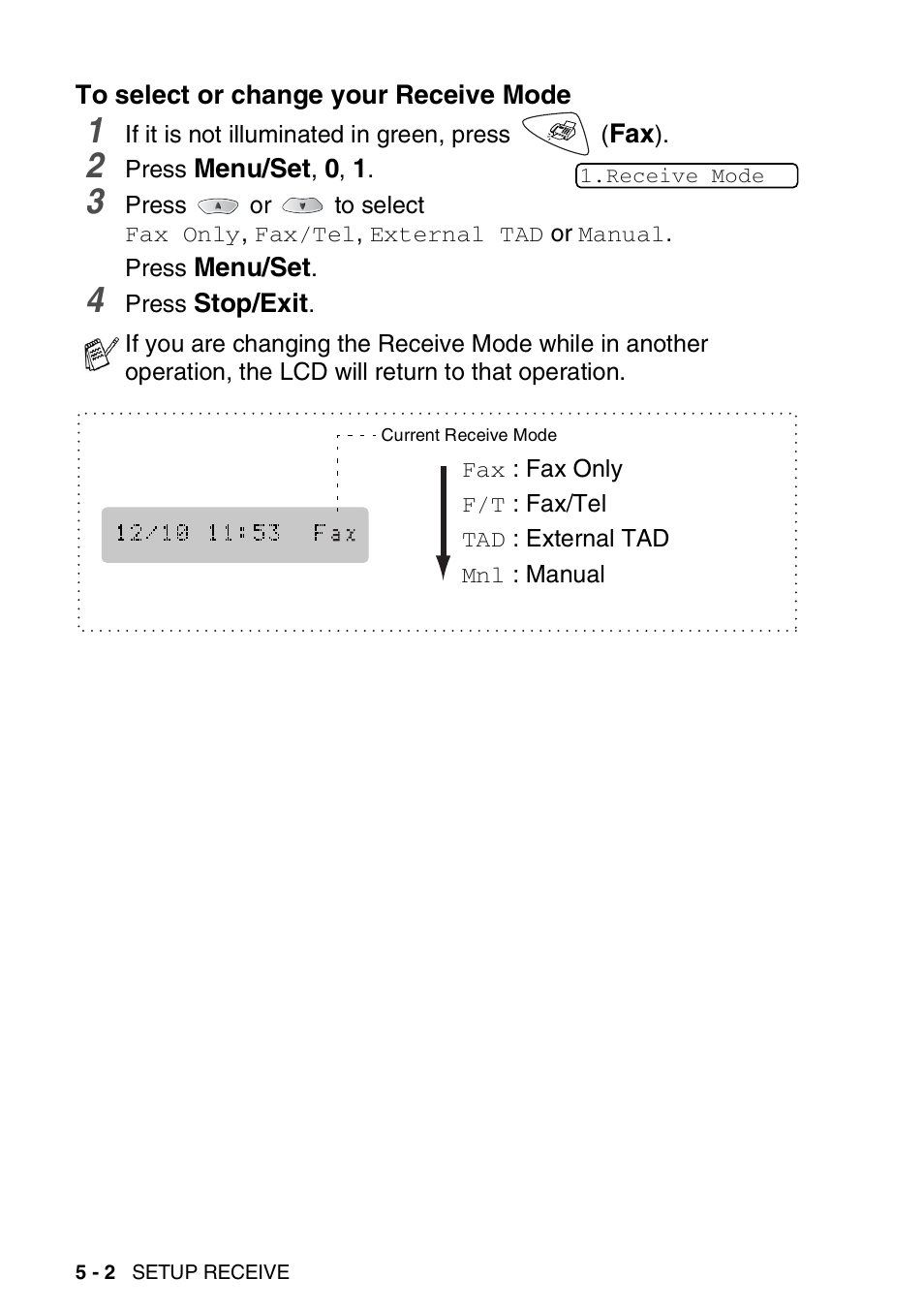 To select or change your receive mode, To select or change your receive mode -2 | Brother FAX-1820C User Manual | Page 58 / 174