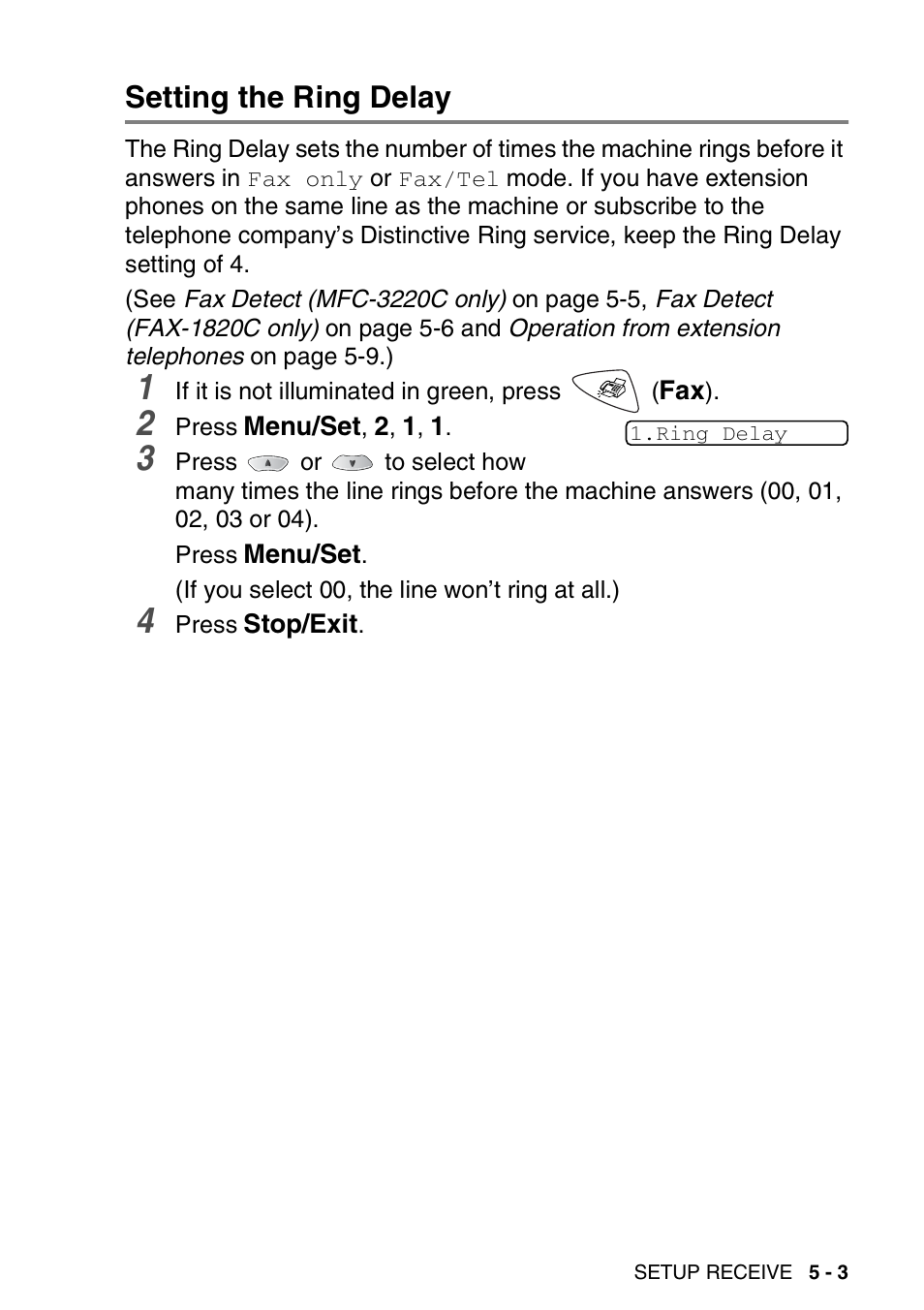 Setting the ring delay, Setting the ring delay -3 | Brother FAX-1820C User Manual | Page 59 / 174