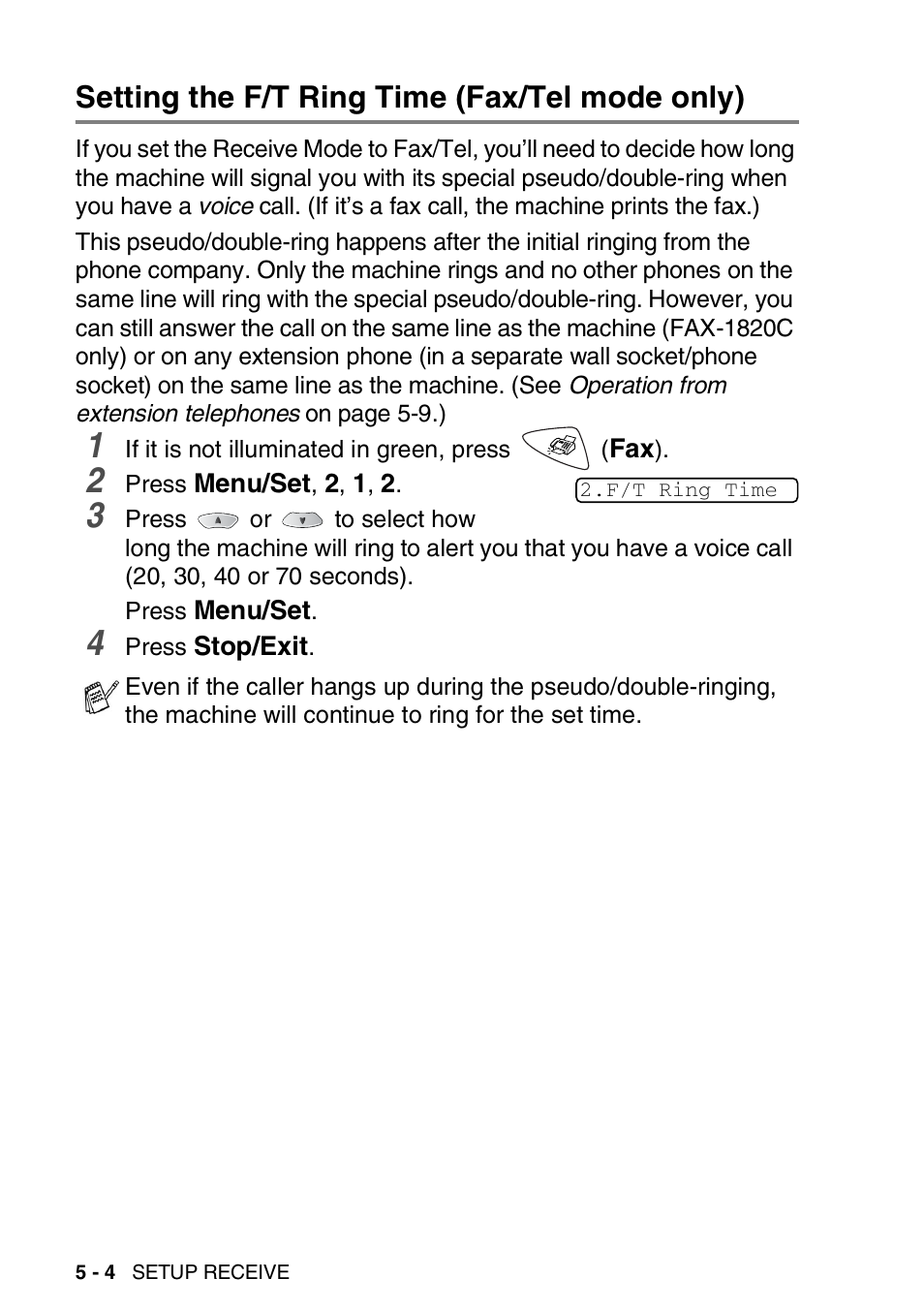 Setting the f/t ring time (fax/tel mode only), Setting the f/t ring time (fax/tel mode only) -4 | Brother FAX-1820C User Manual | Page 60 / 174