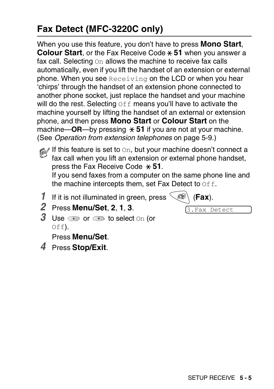 Fax detect (mfc-3220c only), Fax detect (mfc-3220c only) -5 | Brother FAX-1820C User Manual | Page 61 / 174