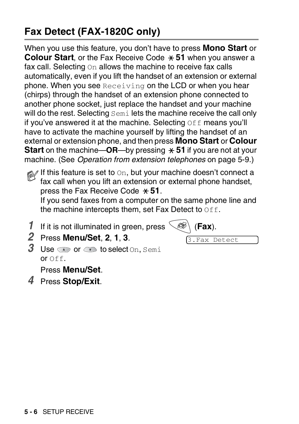 Fax detect (fax-1820c only), Fax detect (fax-1820c only) -6 | Brother FAX-1820C User Manual | Page 62 / 174