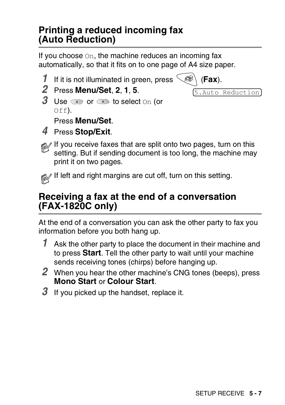Printing a reduced incoming fax (auto reduction), Printing a reduced incoming fax, Auto reduction) -7 | Receiving a fax at the end of a conversation, Fax-1820c only) -7 | Brother FAX-1820C User Manual | Page 63 / 174