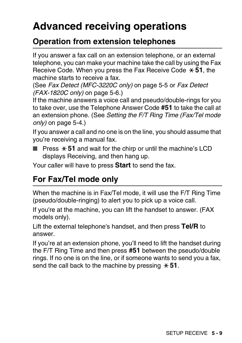 Advanced receiving operations, Operation from extension telephones, For fax/tel mode only | Advanced receiving operations -9 | Brother FAX-1820C User Manual | Page 65 / 174