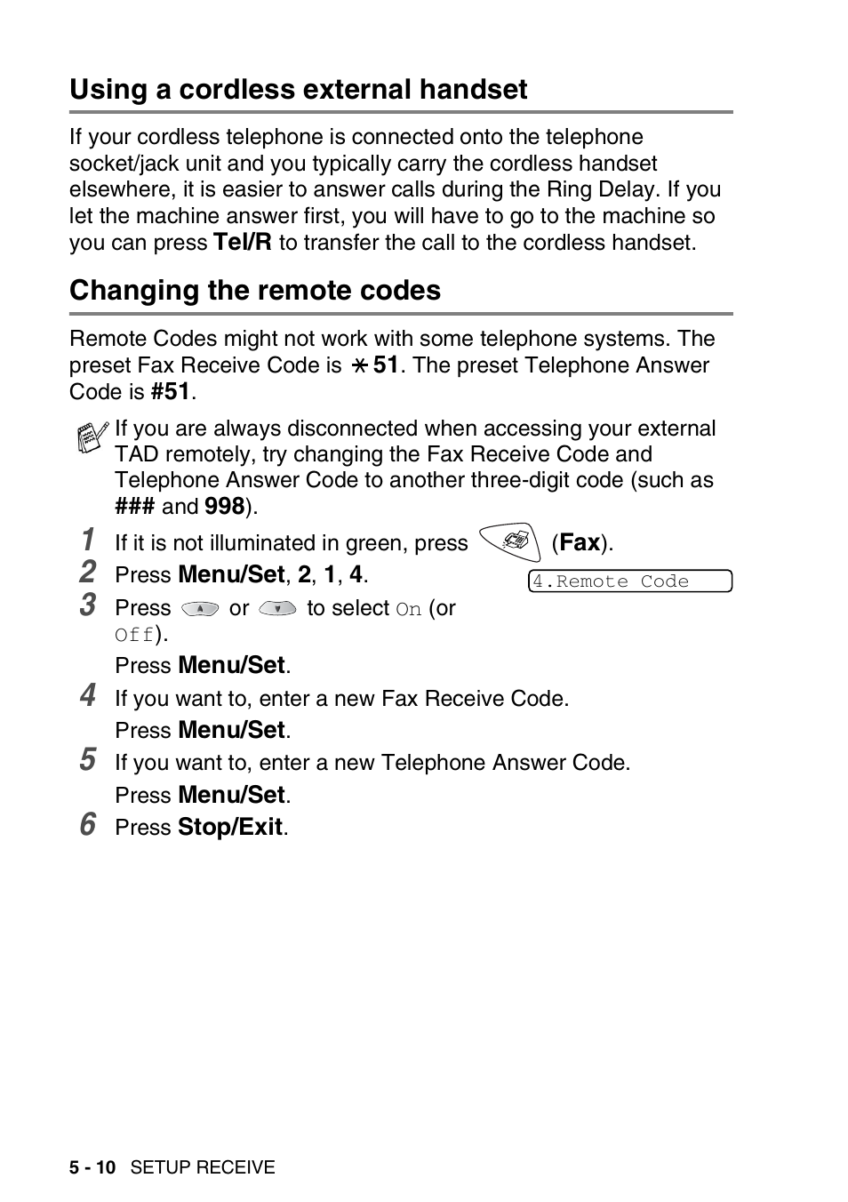 Using a cordless external handset, Changing the remote codes | Brother FAX-1820C User Manual | Page 66 / 174