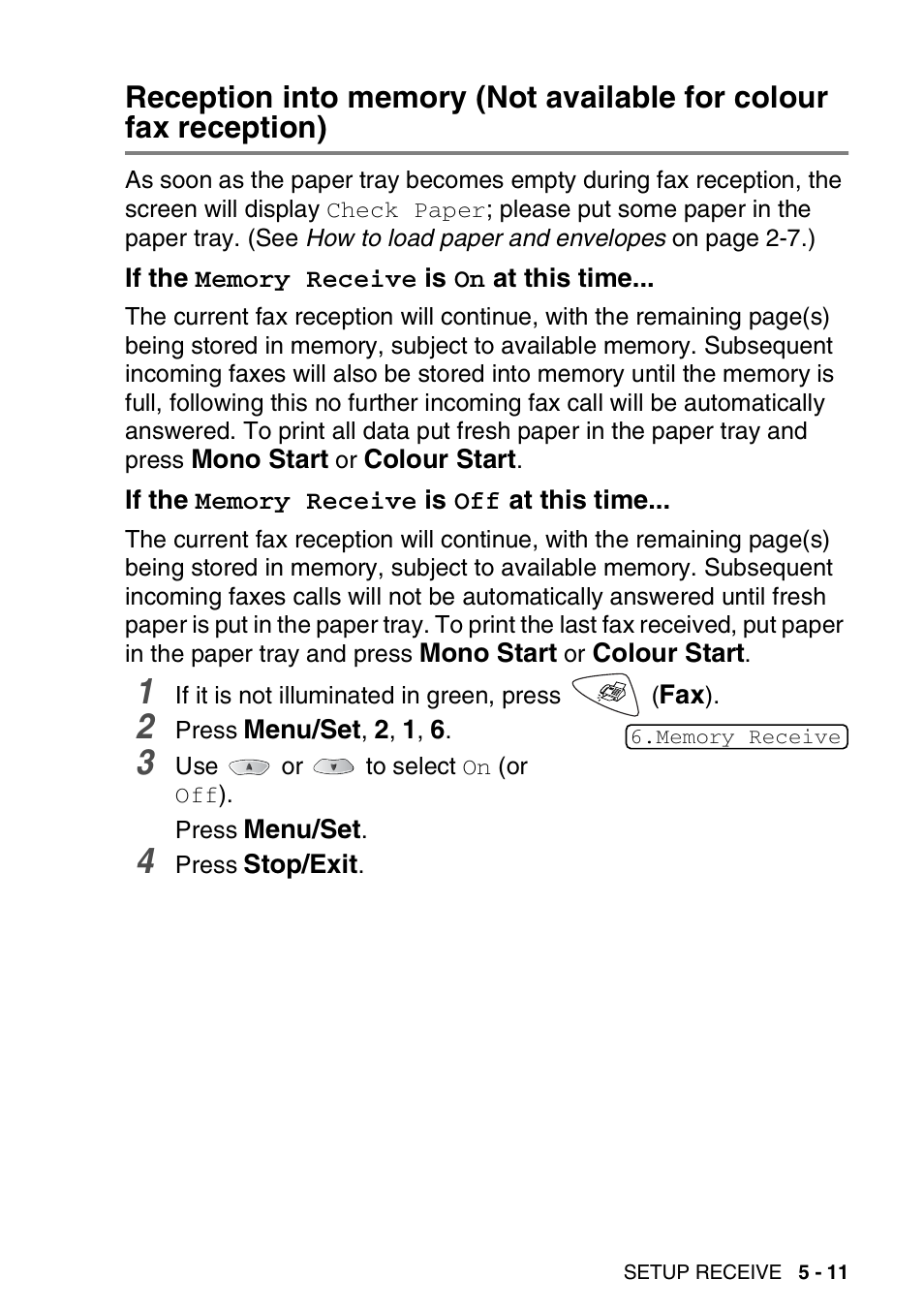 If the memory receive is on at this time, If the memory receive is off at this time, Reception into memory | Brother FAX-1820C User Manual | Page 67 / 174