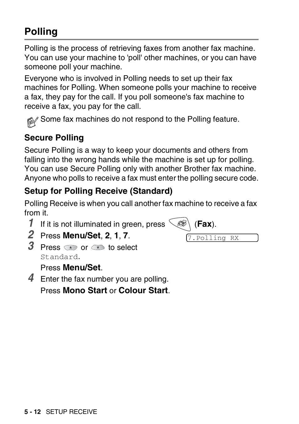 Polling, Secure polling, Setup for polling receive (standard) | Polling -12 | Brother FAX-1820C User Manual | Page 68 / 174