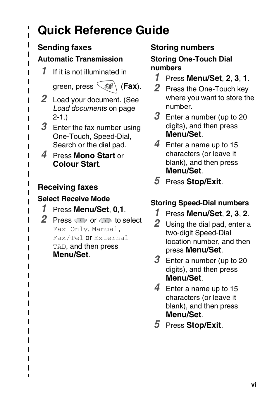 Quick reference guide, Sending faxes, Receiving faxes | Storing numbers | Brother FAX-1820C User Manual | Page 7 / 174