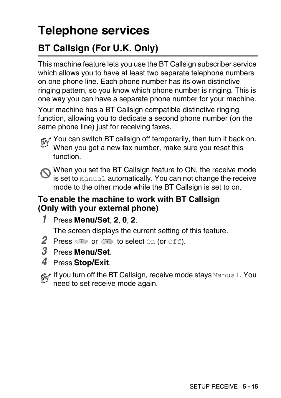 Telephone services, Bt callsign (for u.k. only), Telephone services -15 | Bt callsign (for u.k. only) -15, To enable the machine to work with bt callsign, Only with your external phone) -15 | Brother FAX-1820C User Manual | Page 71 / 174