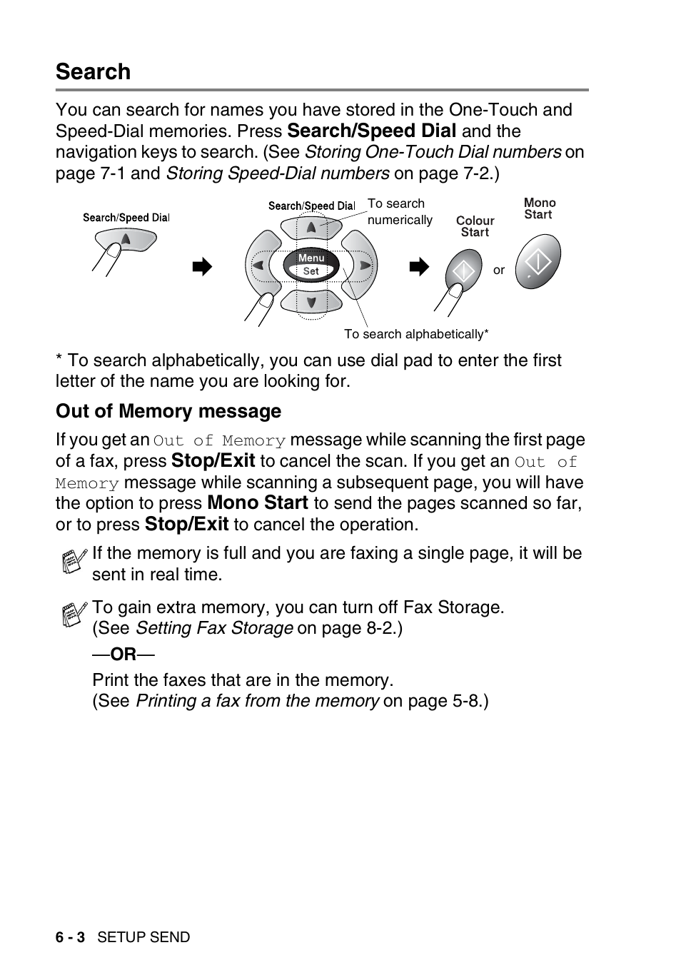 Search, Out of memory message, Search -3 | Out of memory message -3 | Brother FAX-1820C User Manual | Page 74 / 174